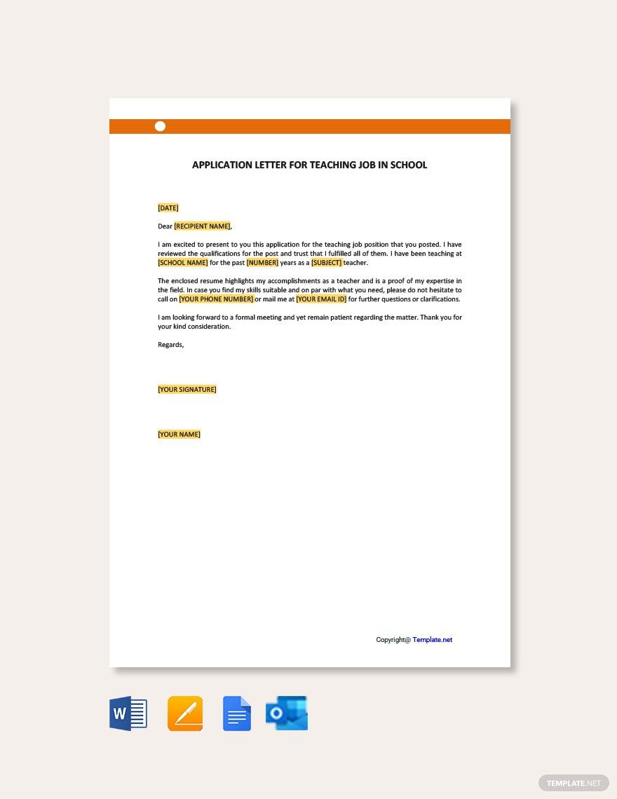 Application Letter for Teaching Job in School Template in Google Docs, Pages, Word, Outlook, PDF - Download | Template.net