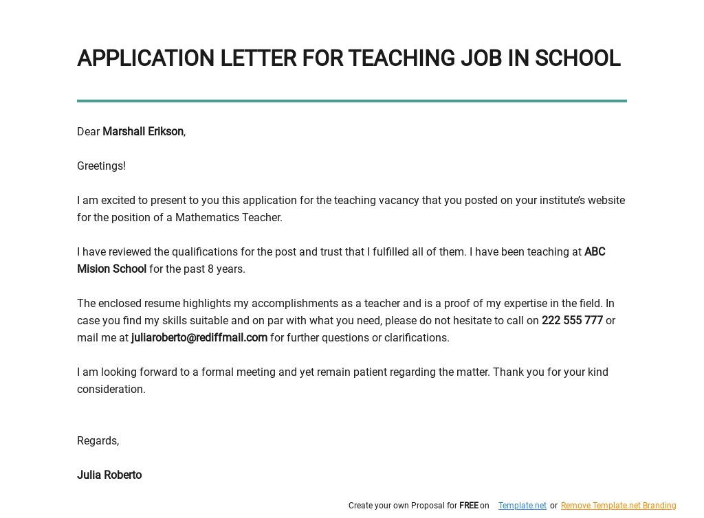 Application Letter for Teaching Job in School Template - Google Docs, Word