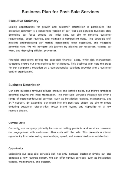 Free Business Plan for Post-Sale Services Template to Edit Online