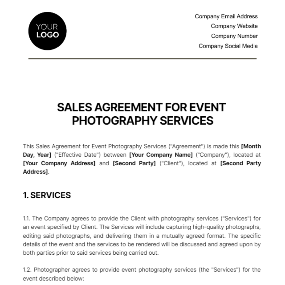 Sales Agreement for Event Photography Services Template