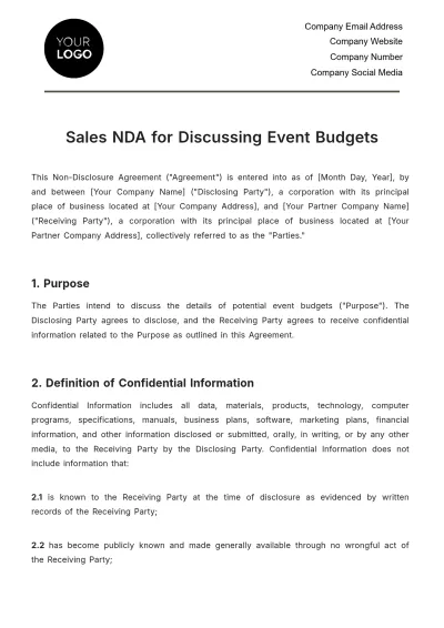 Free Sales NDA for Discussing Event Budgets Template to Edit Online