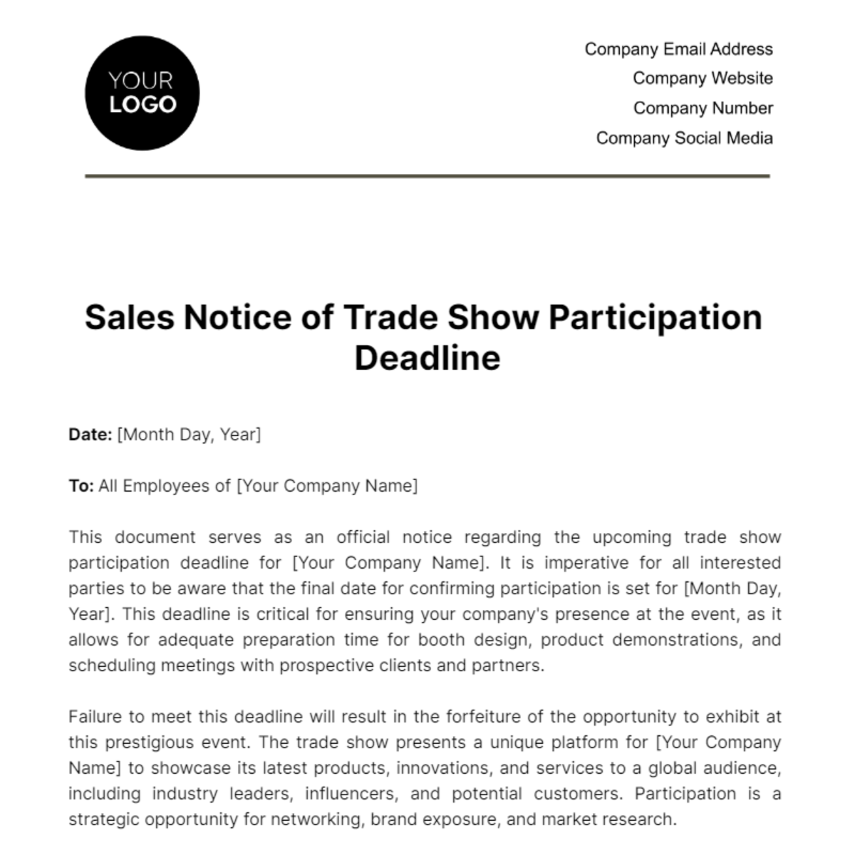 Sales Notice of Trade Show Participation Deadline Template