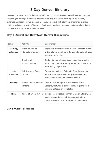 Free 3 Day Denver Itinerary Template to Edit Online