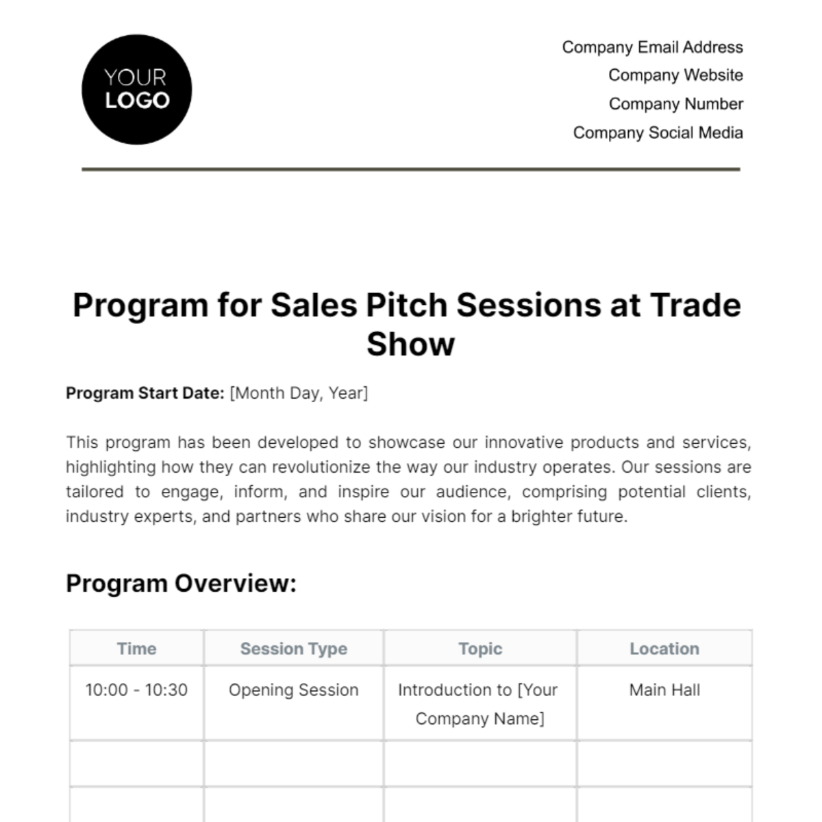 Program for Sales Pitch Sessions at Trade Show Template