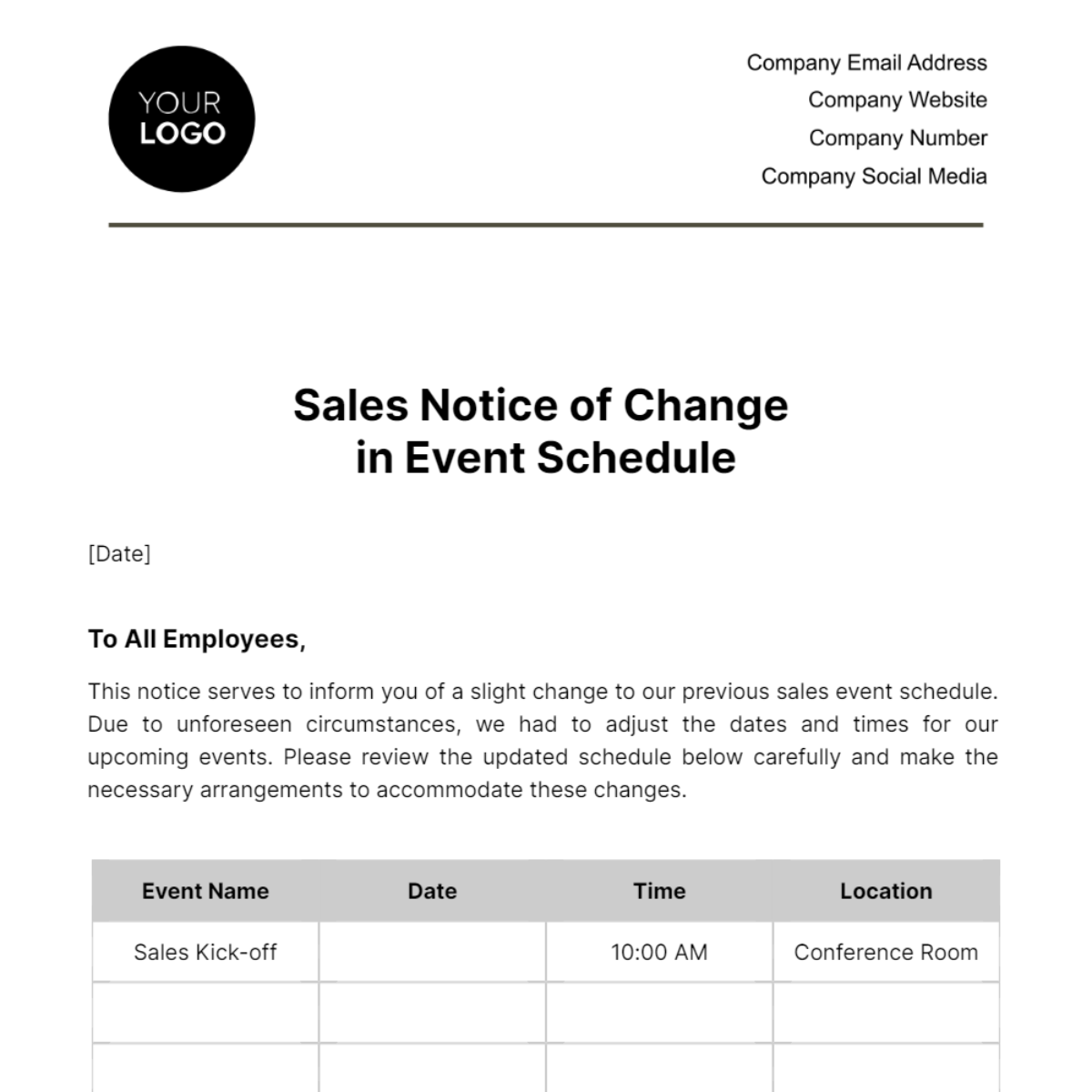 Sales Notice of Change in Event Schedule Template
