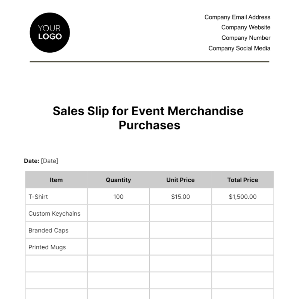 Sales Slip for Event Merchandise Purchases Template
