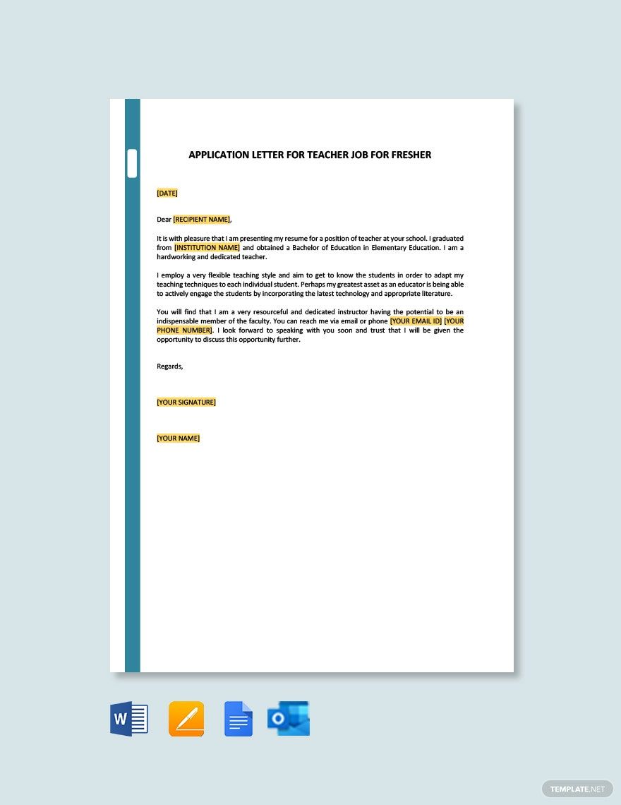 Application Letter for Teacher Job for Fresher Template in Google Docs, Pages, Word, Outlook, PDF - Download | Template.net