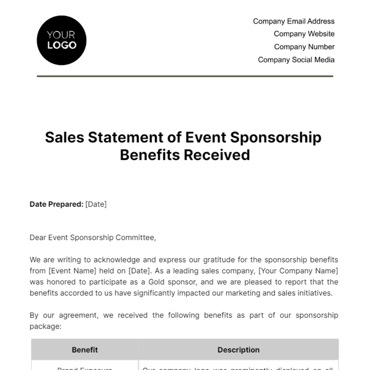 Free Sales Statement of Event Sponsorship Benefits Received Template