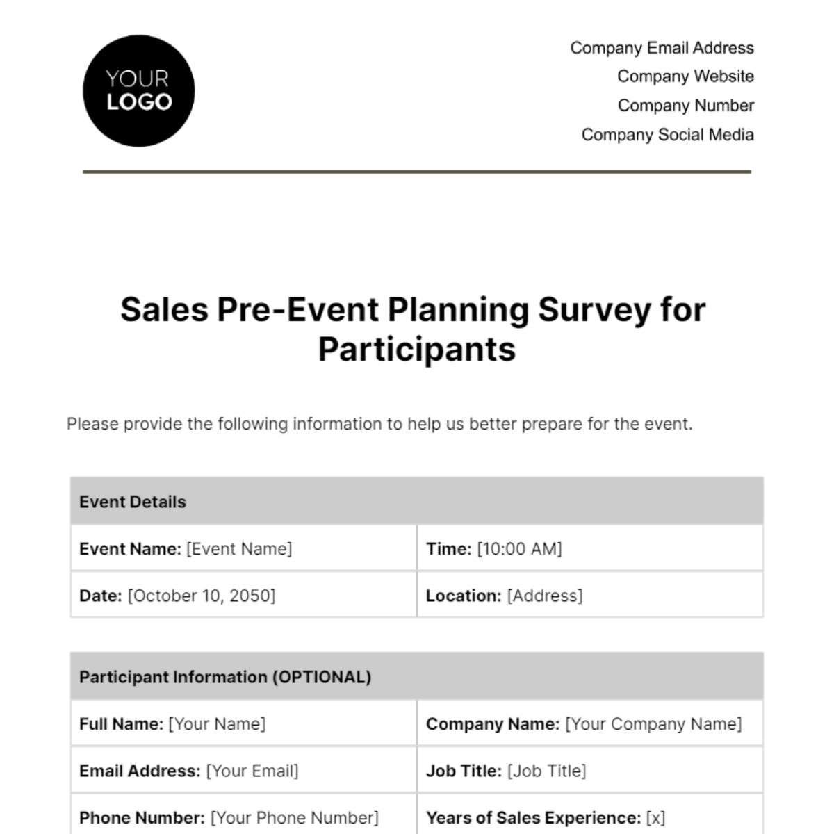 Free Sales Pre-Event Planning Survey for Participants Template