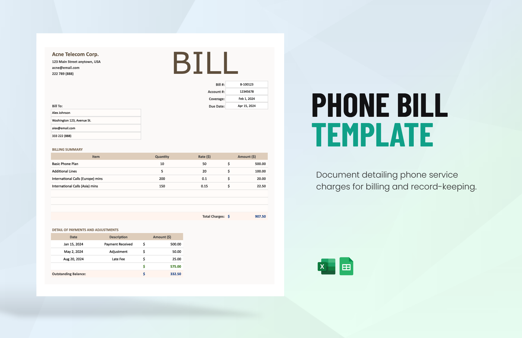 Phone Bill Template in Excel, Google Sheets