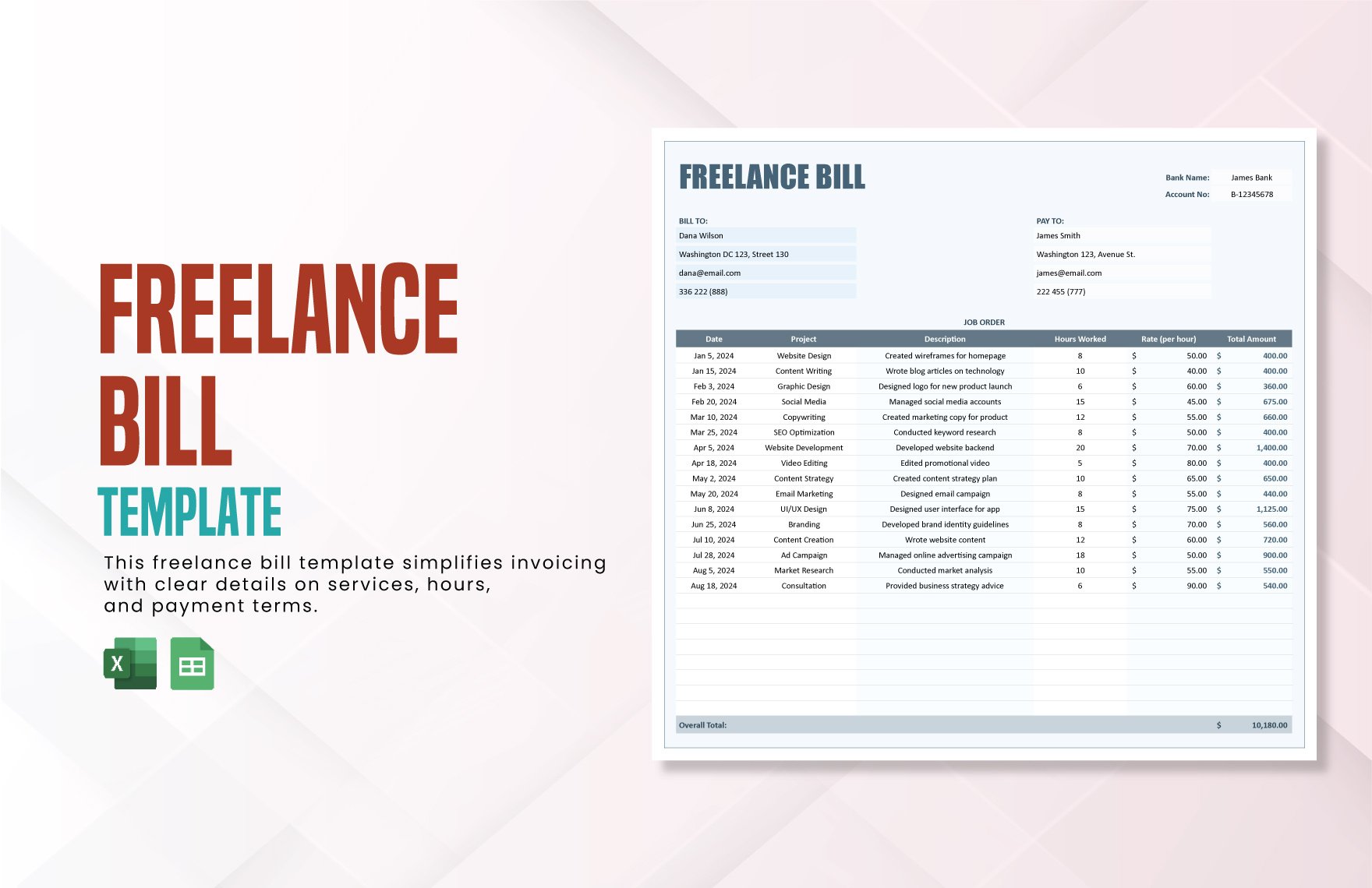 Freelance Bill Template in Excel, Google Sheets