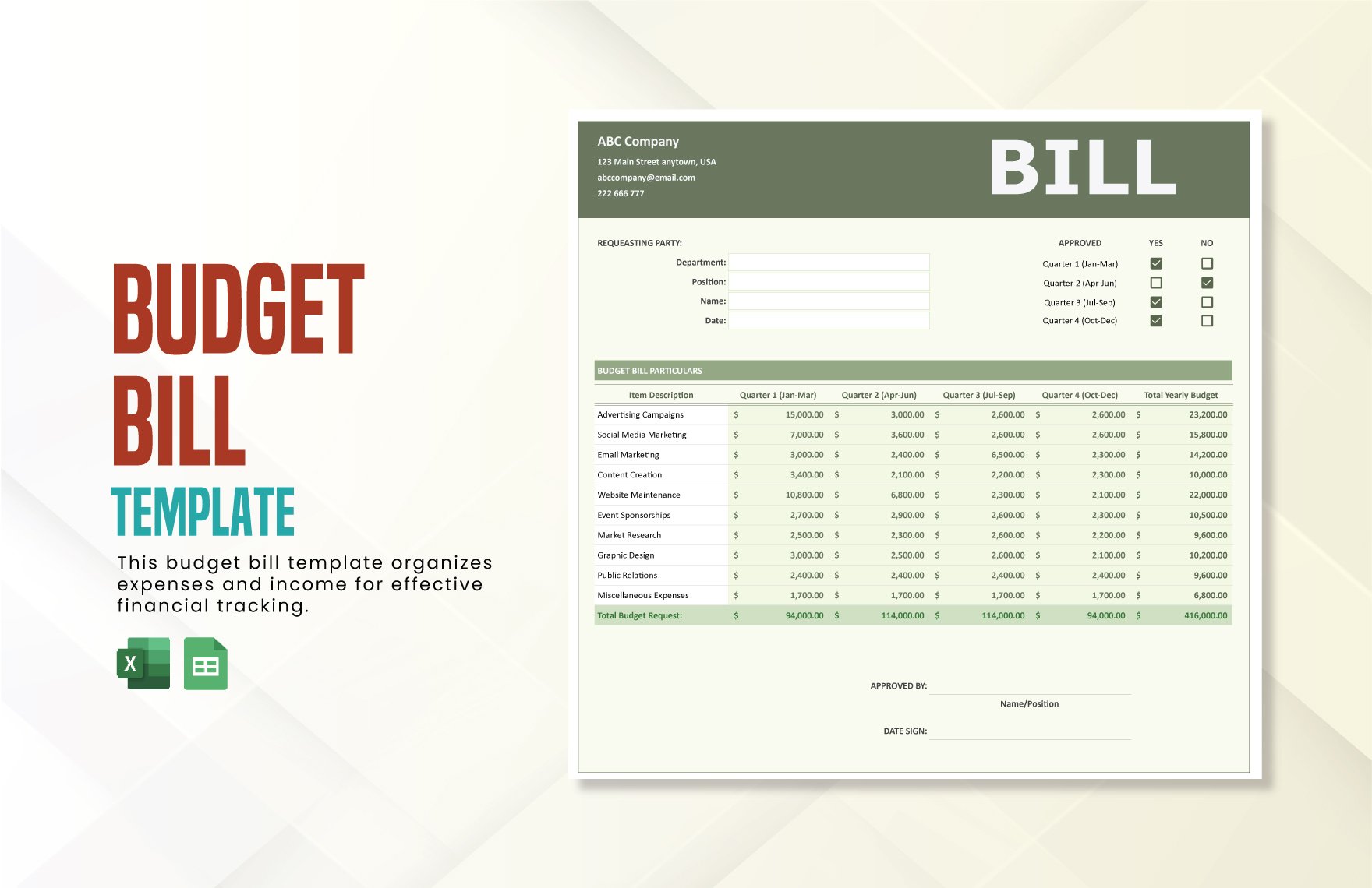 Budget Bill Template in Excel, Google Sheets