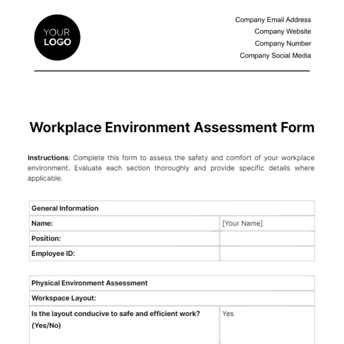 Workplace Environment Assessment Form Template