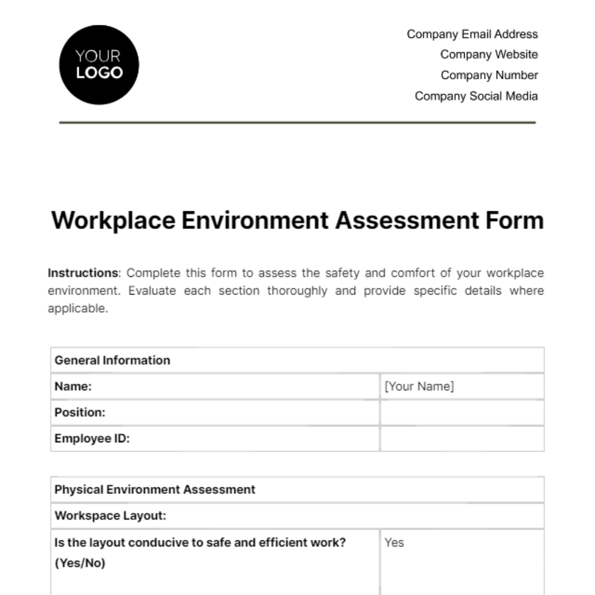 Free Workplace Environment Assessment Form Template to Edit Online