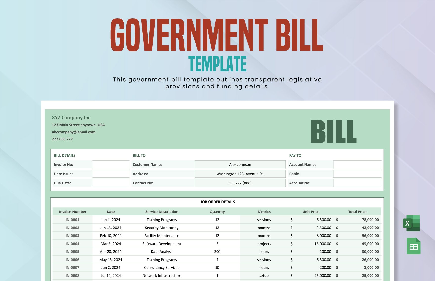 Government Bill Template in Excel, Google Sheets