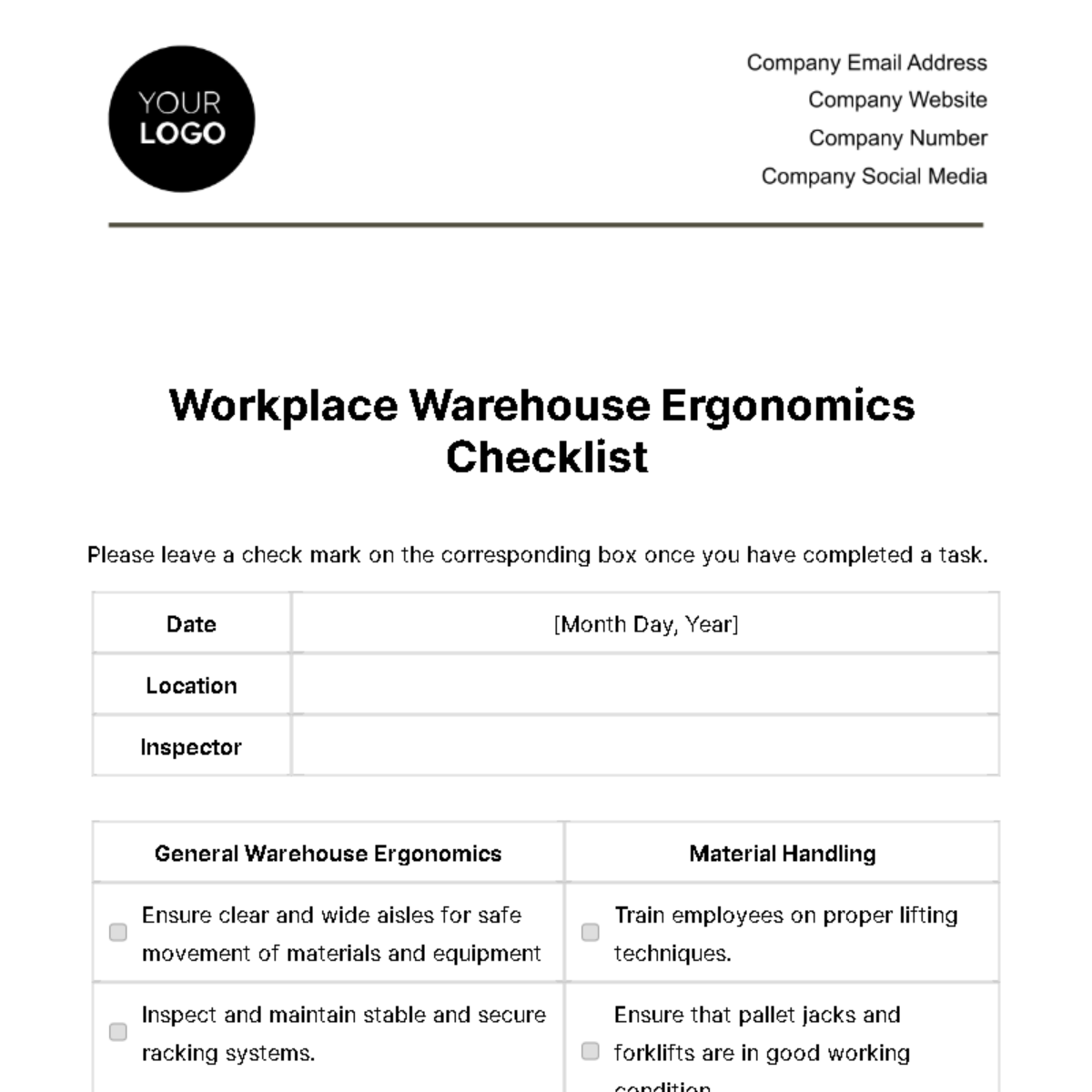 Workplace Warehouse Ergonomics Checklist Template - Edit Online & Download