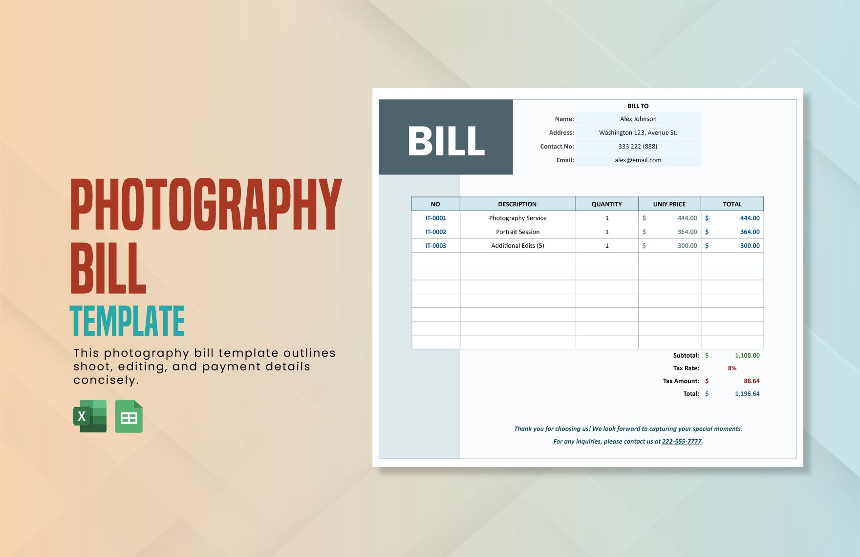Photography Bill Template in Excel, Google Sheets