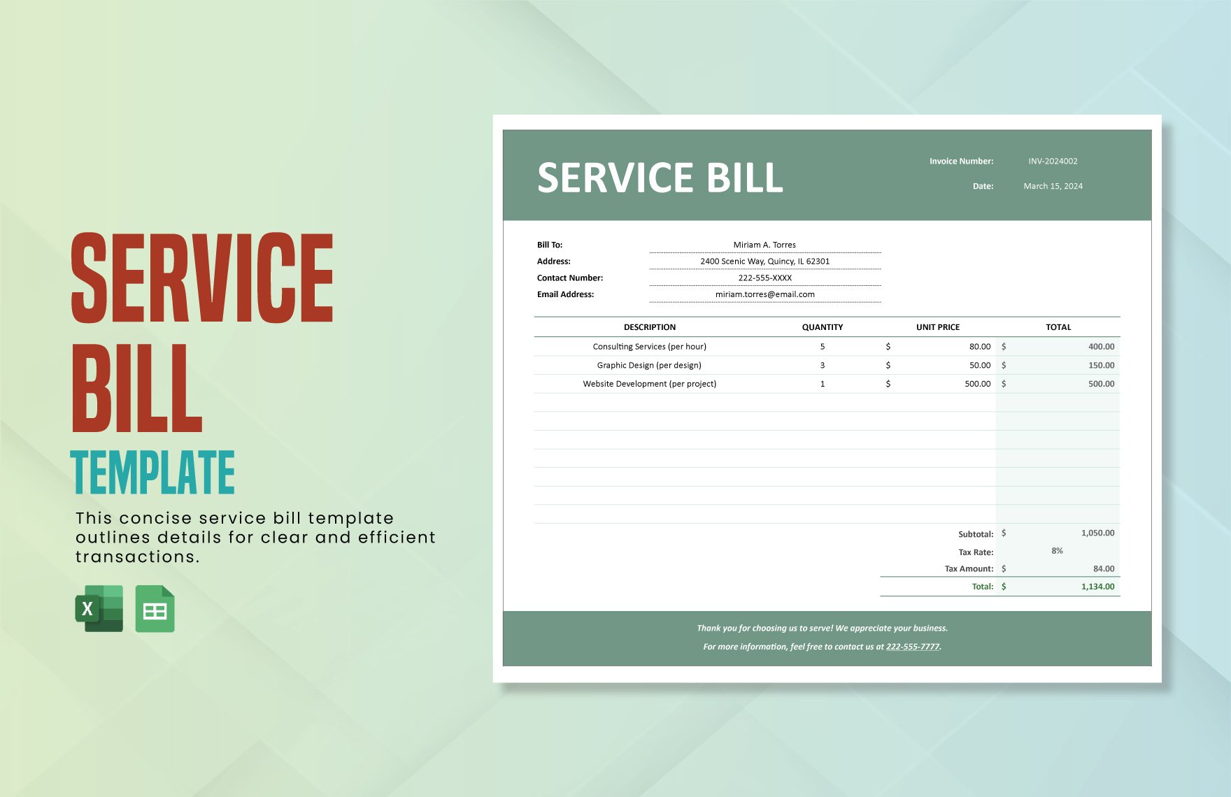 Service Bill Template in Excel, Google Sheets