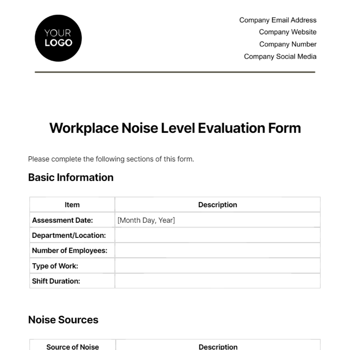 Workplace Noise Level Evaluation Form Template