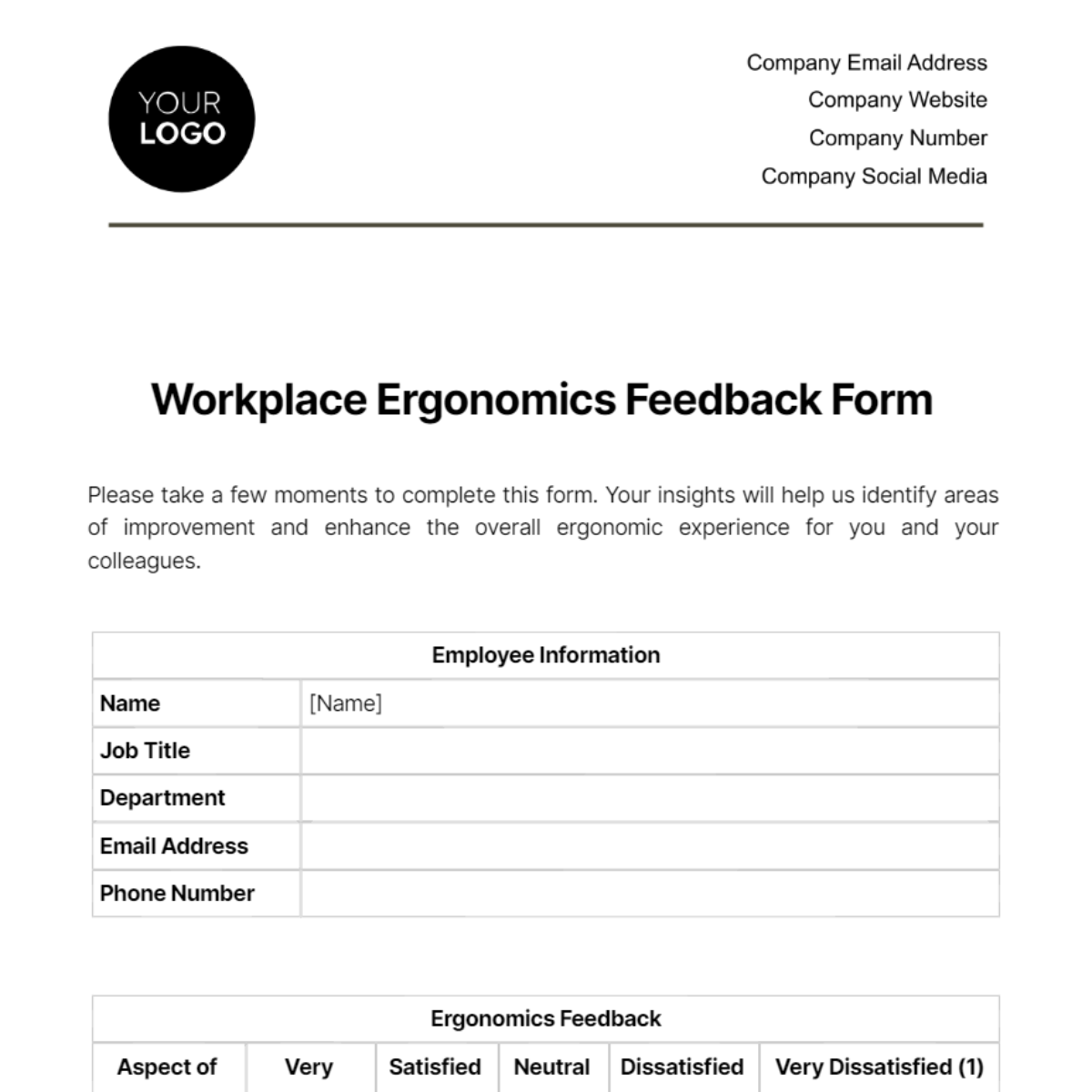 Workplace Ergonomics Feedback Form Template