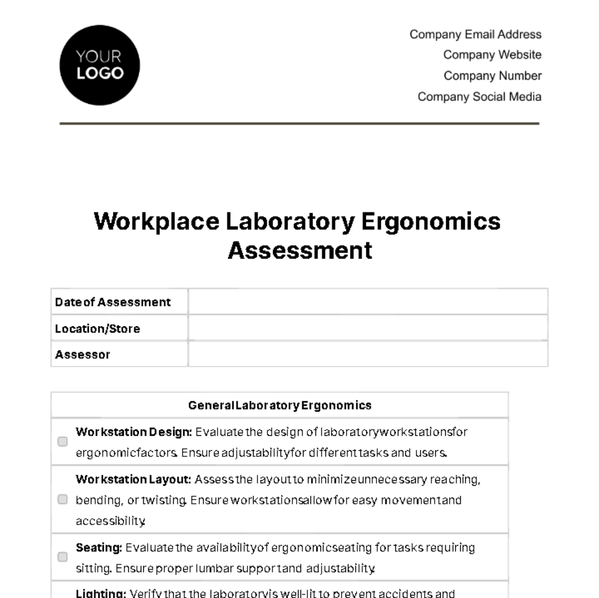 Workplace Laboratory Ergonomics Checklist Template - Edit Online & Download