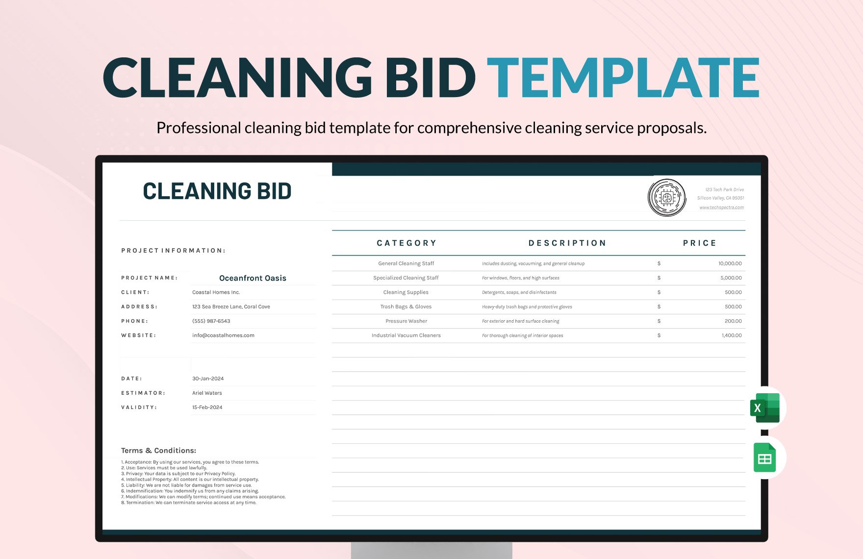 Cleaning Bid Template in Excel, Google Sheets
