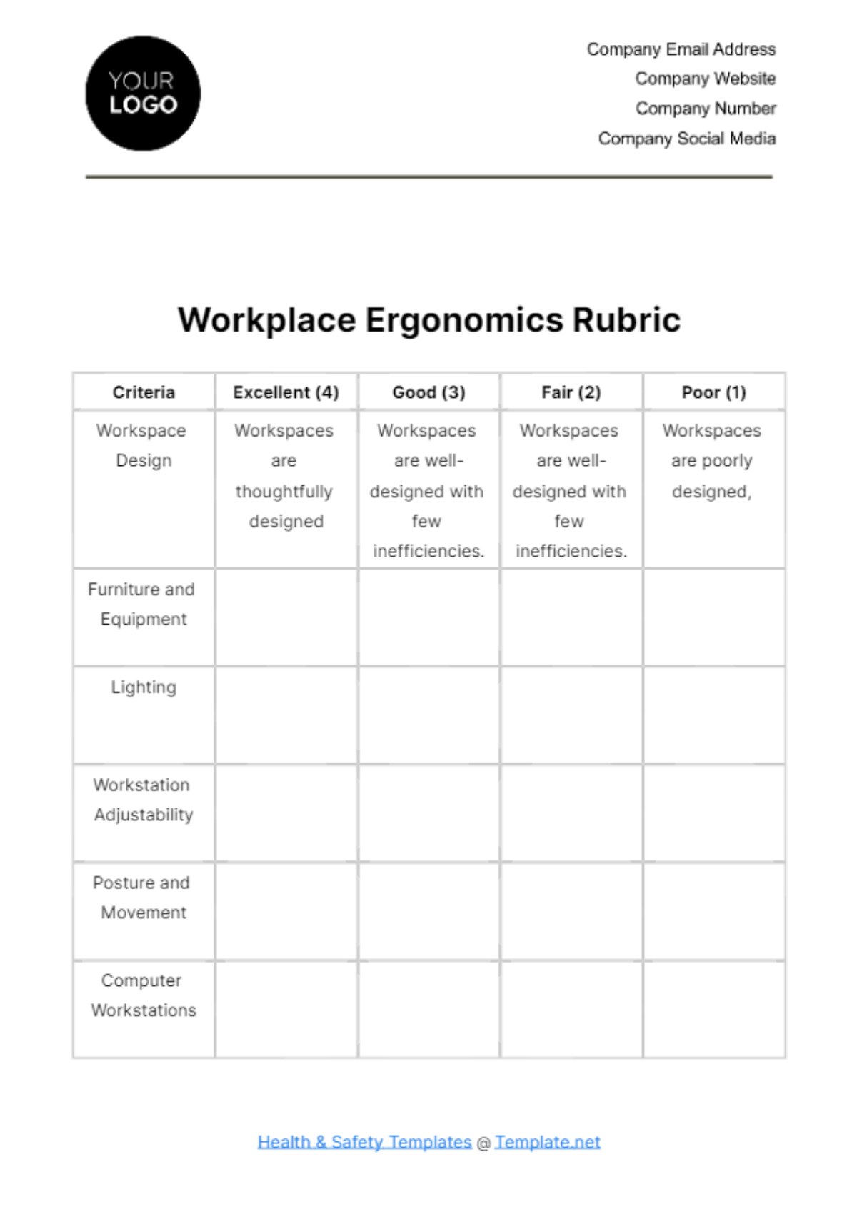 Free Workplace Ergonomics Rubric Template