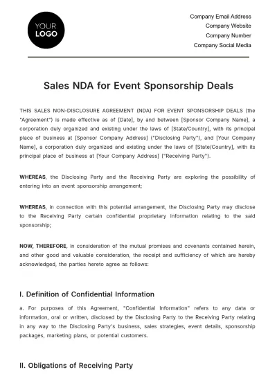 Free Sales NDA for Event Sponsorship Deals Template to Edit Online