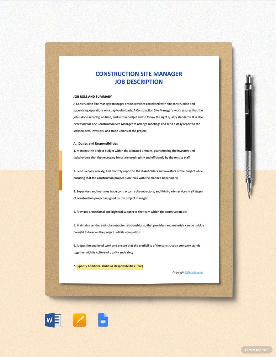 Construction Site Manager Job Description Template - Google Docs, Word