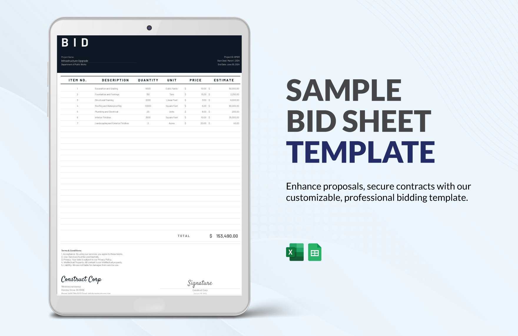Sample Bid Sheet Template in Excel, Google Sheets
