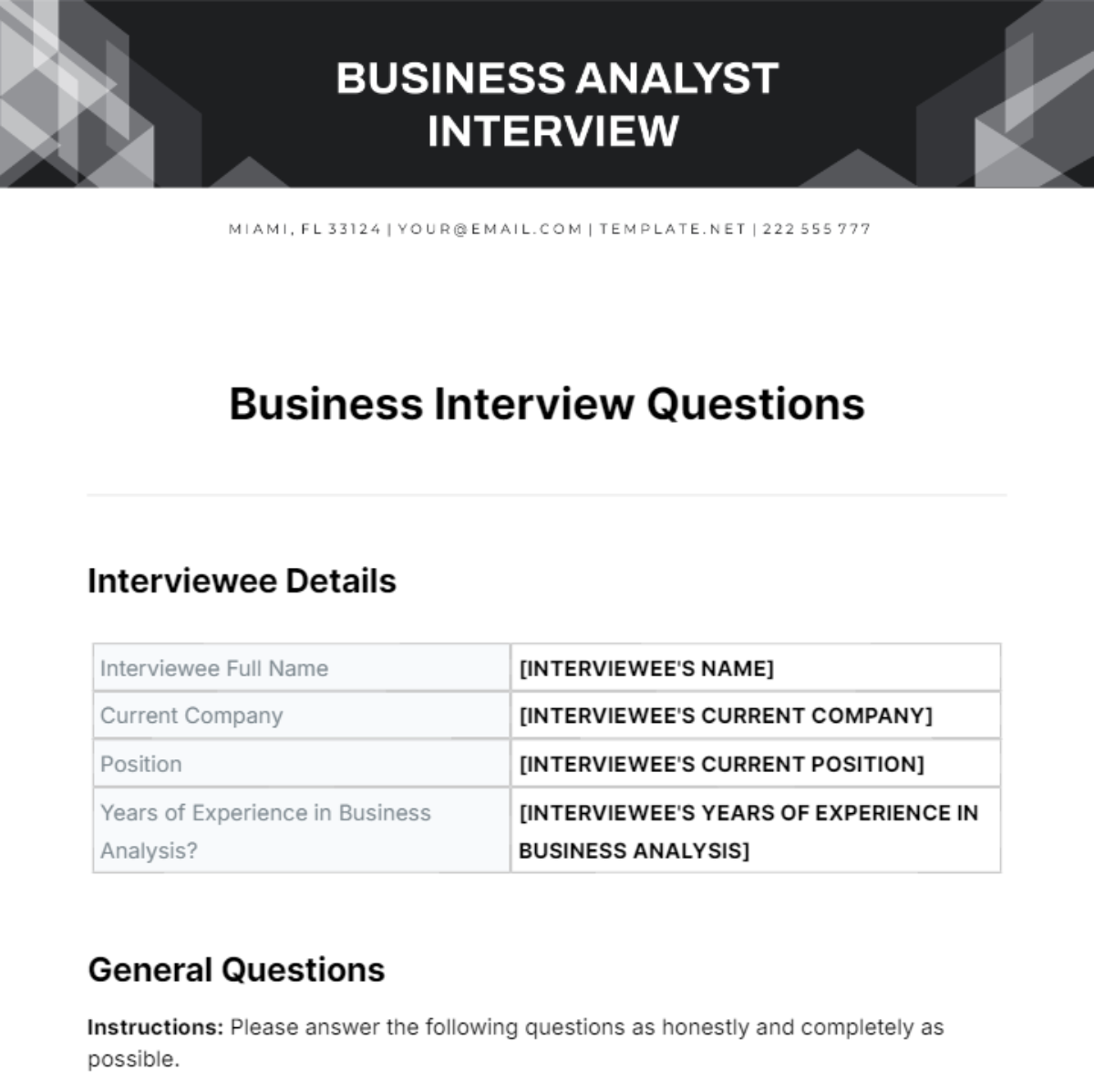Business Interview Questions Template