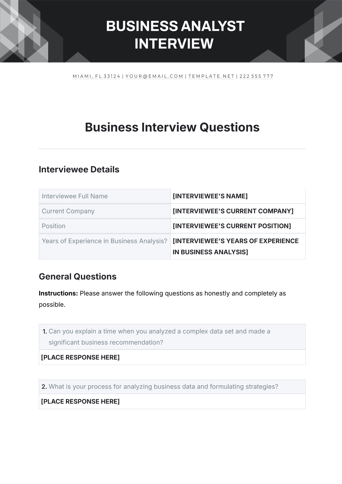 Free Business Interview Questions Template to Edit Online