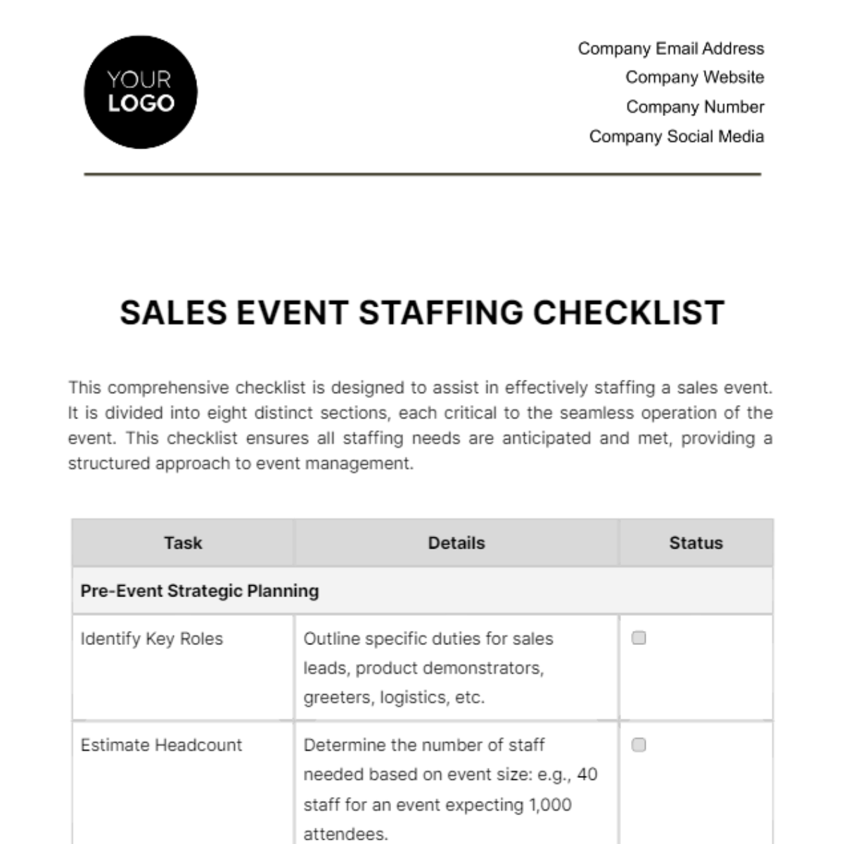 Free Sales Event Staffing Checklist Template