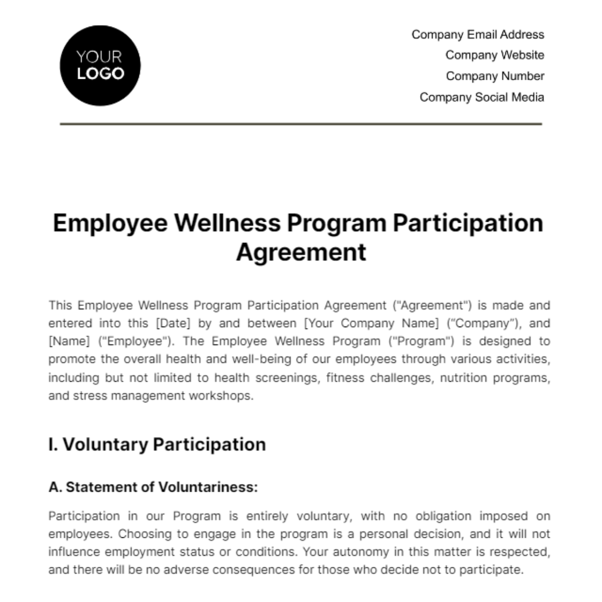 Free Employee Wellness Program Participation Agreement Template