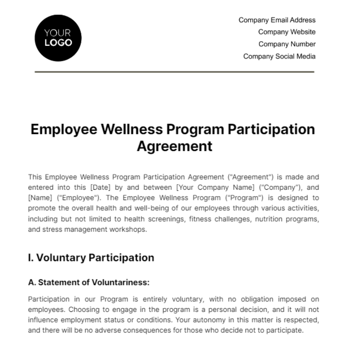 Employee Wellness Program Participation Agreement Template - Edit Online & Download