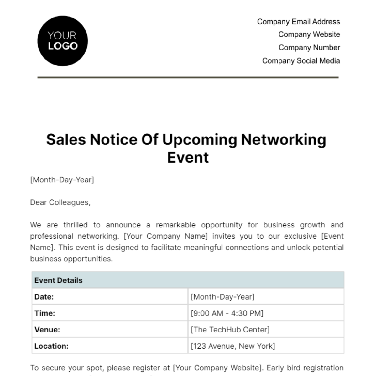 Sales Notice of Upcoming Networking Event Template