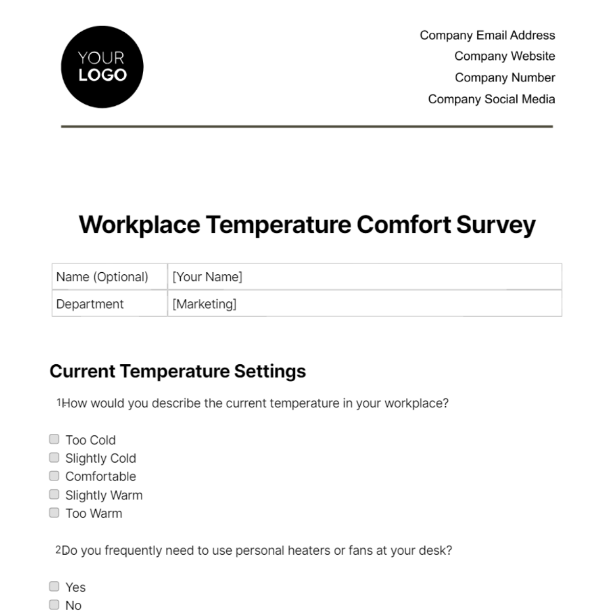 Free Workplace Temperature Comfort Survey Template