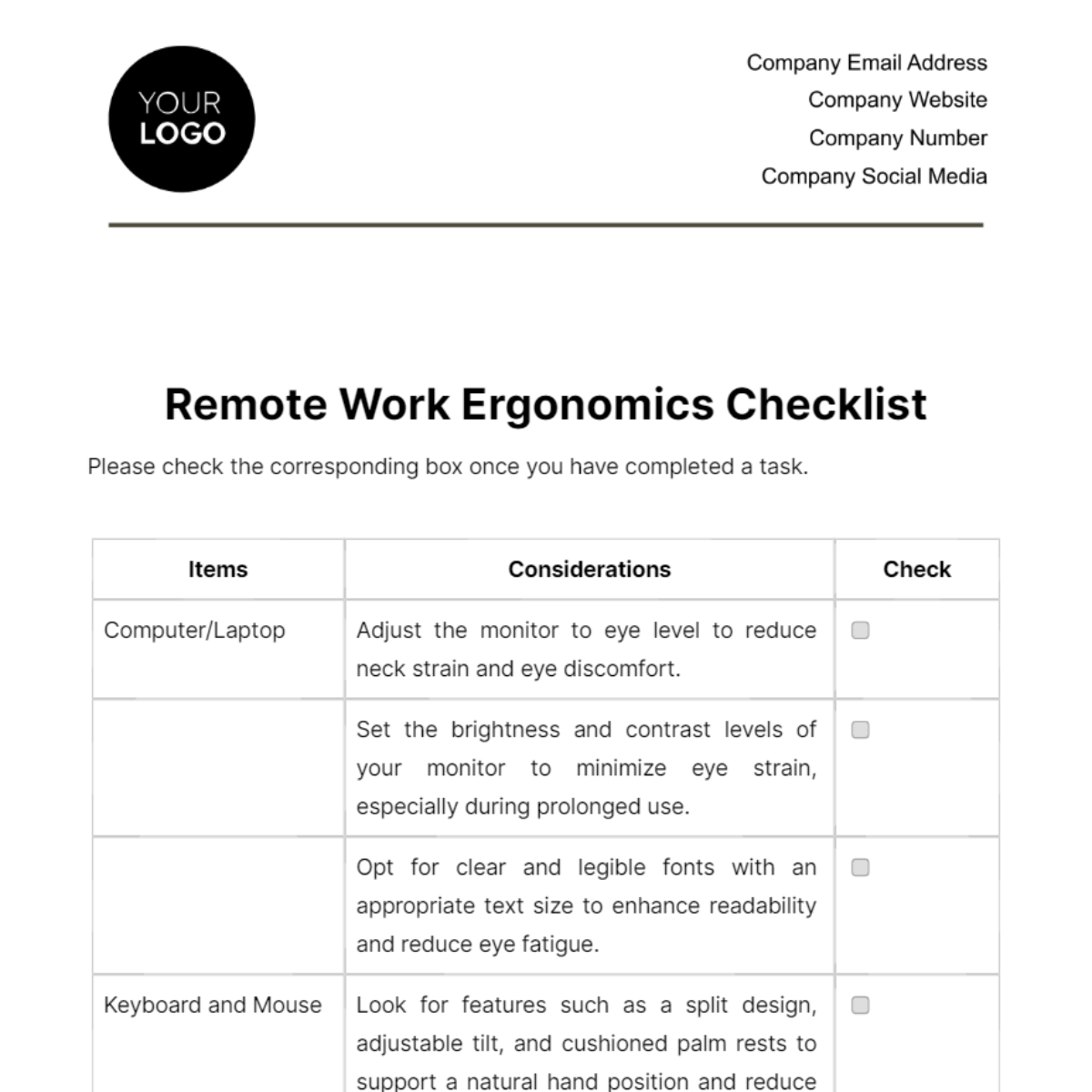 Remote Work Ergonomics Checklist Template - Edit Online & Download