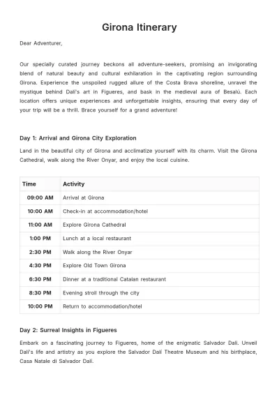 Free Girona Itinerary Template to Edit Online