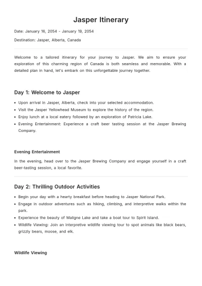 Free Jasper Itinerary Template to Edit Online