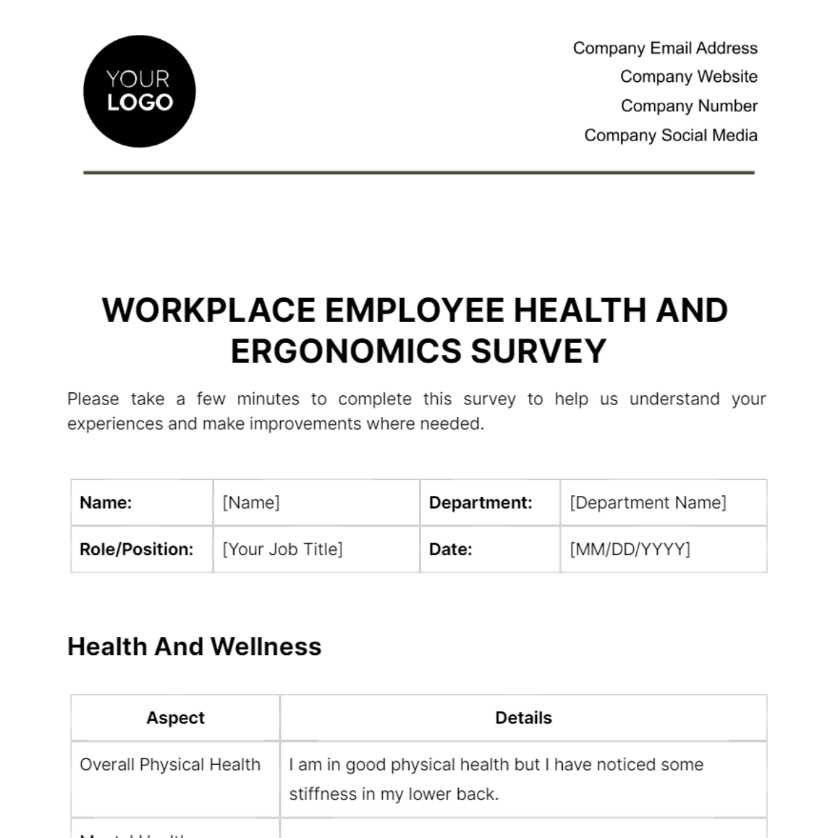 Workplace Employee Health and Ergonomics Survey Template
