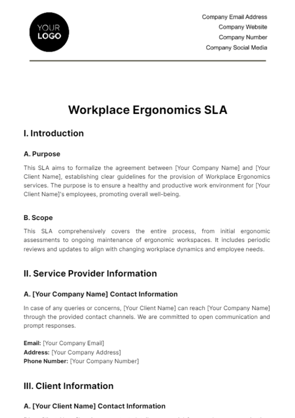 Free Workplace Ergonomics SLA Template