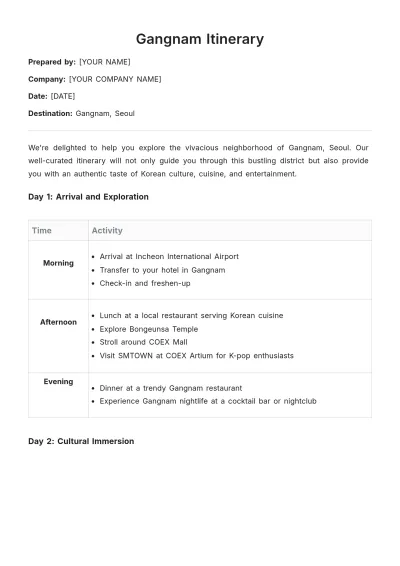 Free Gangnam Itinerary Template to Edit Online