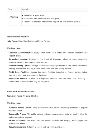 Free Gangnam Itinerary Template to Edit Online
