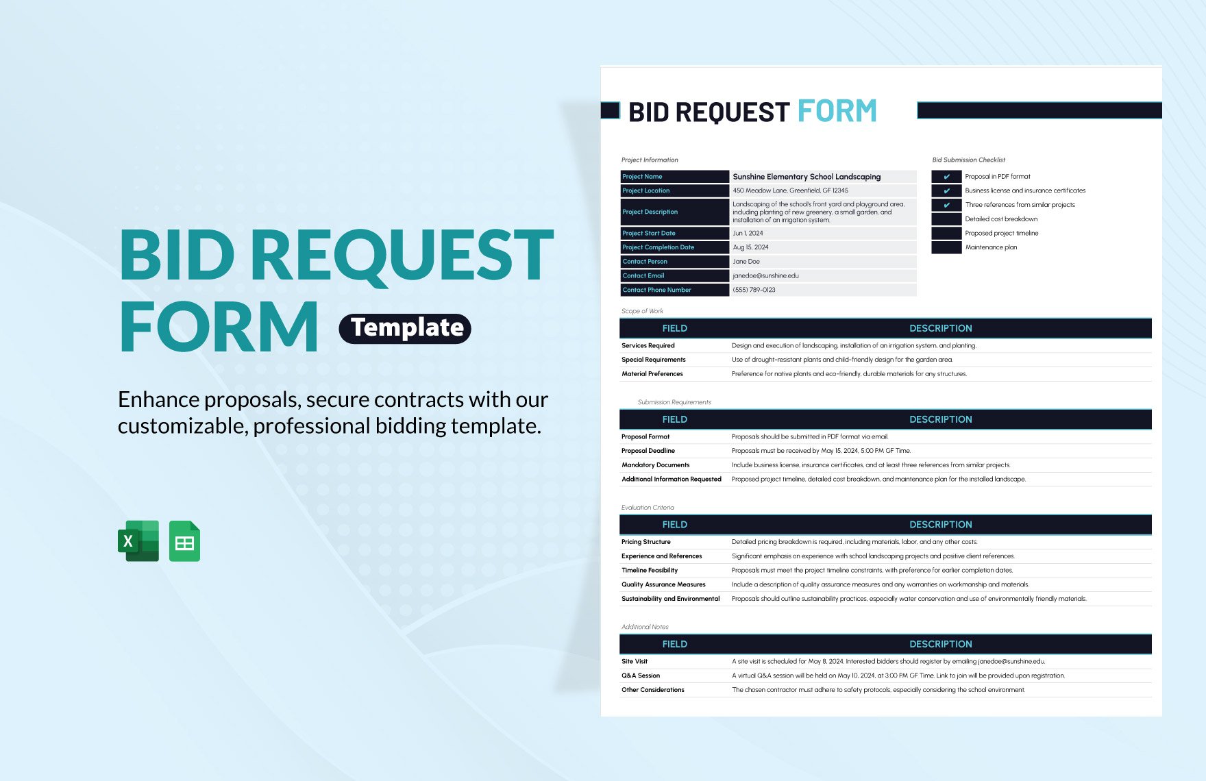 Bid Request Form Template in Excel, Google Sheets