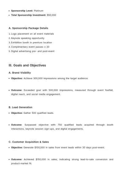 Free Sales Evaluation of Event Sponsorship ROI Template to Edit Online