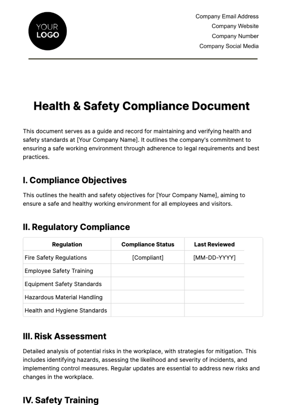 Health & Safety Compliance Document Template