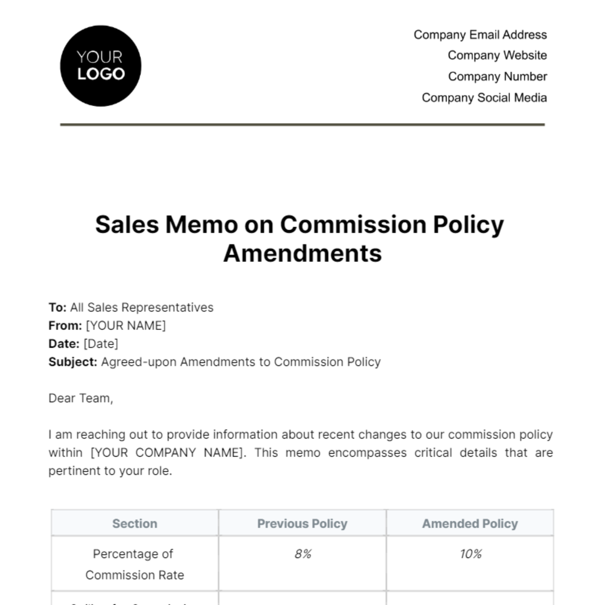 Free Sales Memo on Commission Policy Amendments Template