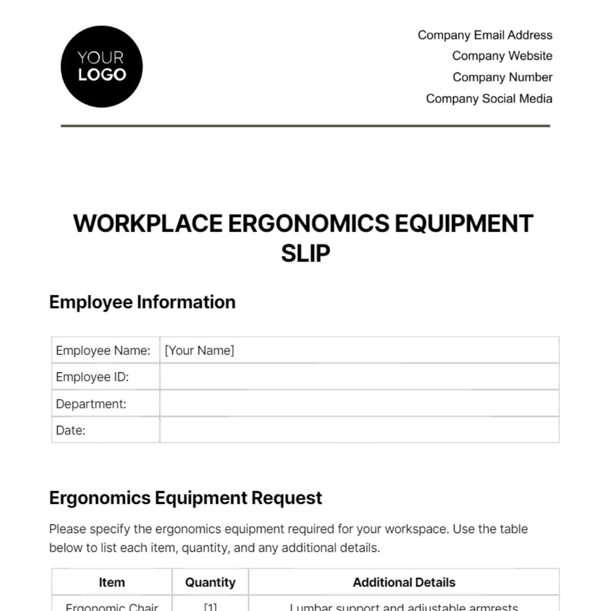 Free  Workplace Ergonomic Equipment Slip Template