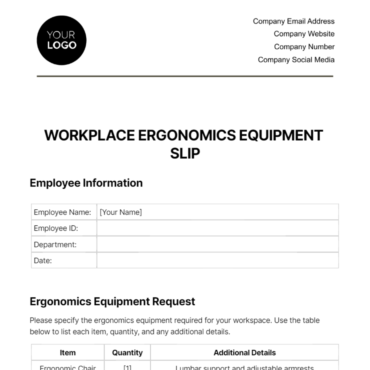 Workplace Ergonomic Equipment Slip Template - Edit Online & Download